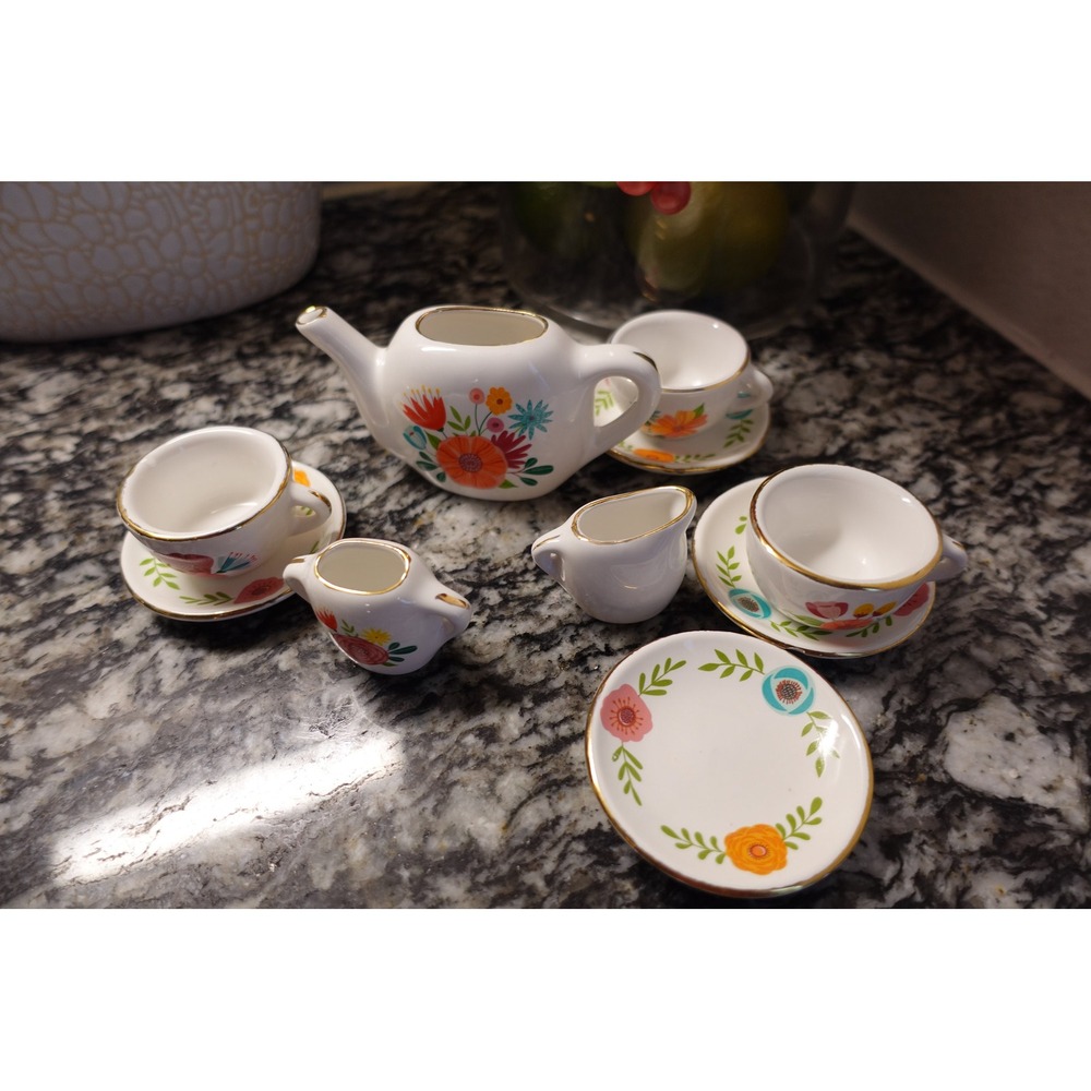 Ceramic Bright Stripes miniature tea set floral pretend playset - Picture 2 of 10